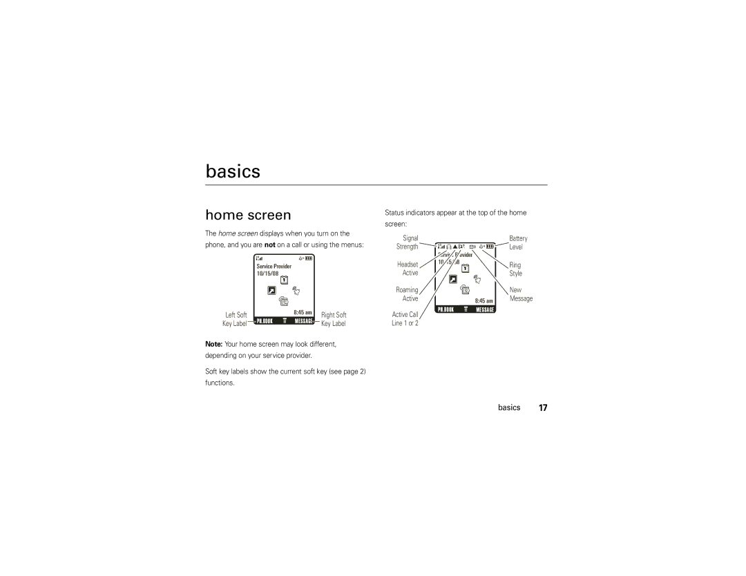 Motorola W260g manual Basics, Home screen 