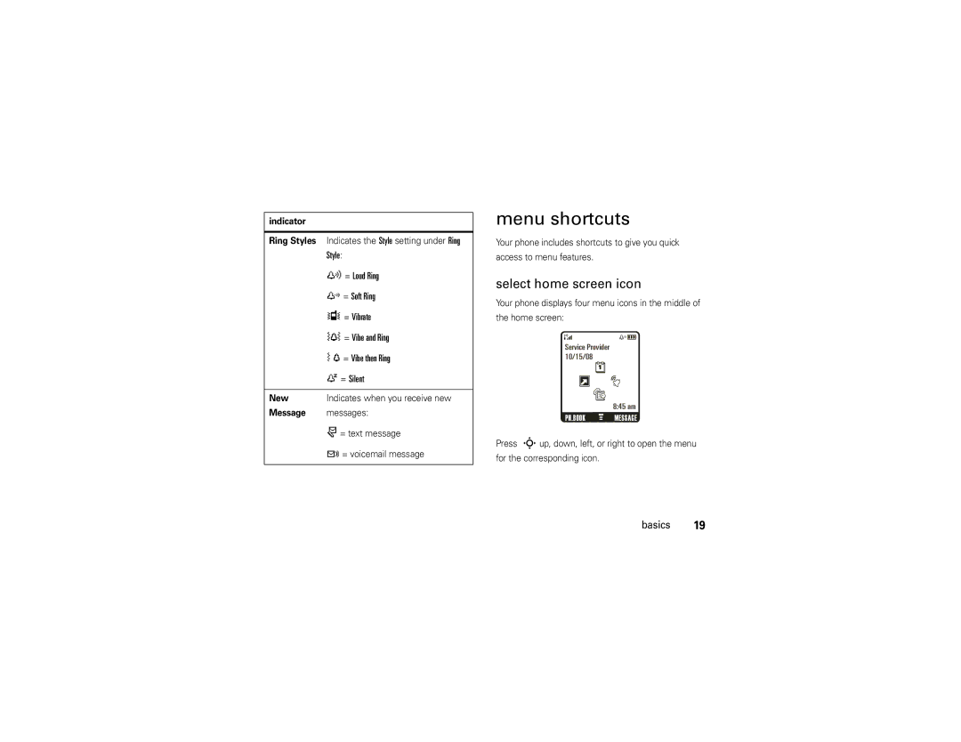 Motorola W260g manual Menu shortcuts, Select home screen icon 