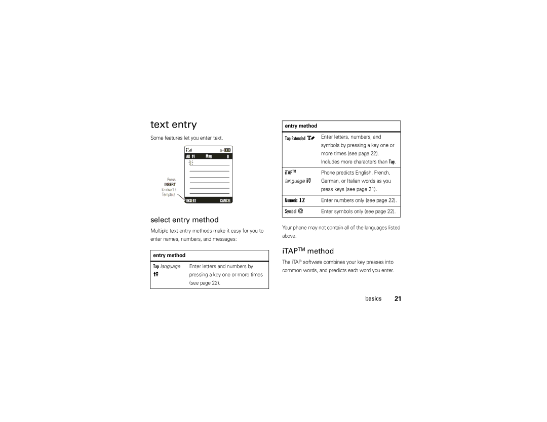 Motorola W260g manual Text entry, Select entry method, ITAPTM method 