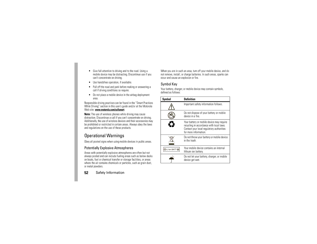 Motorola W260g manual Operational Warnings 