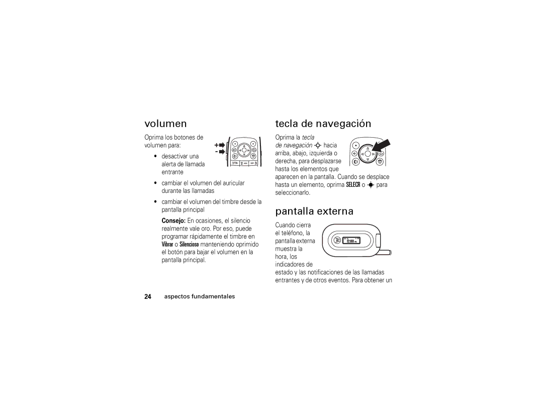 Motorola W315 manual Volumen, Tecla de navegación, Pantalla externa 