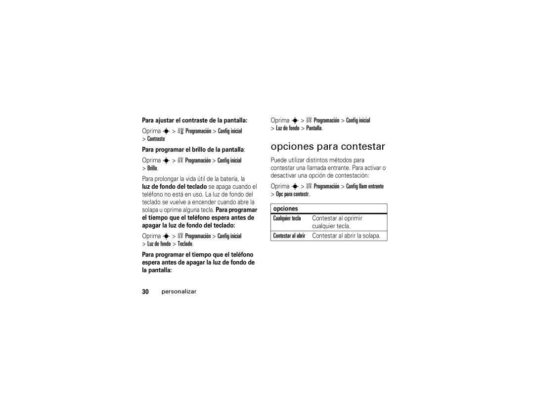 Motorola W315 manual Opciones para contestar, Oprima s w Programación Config inicial Contraste, Opc para contestr 