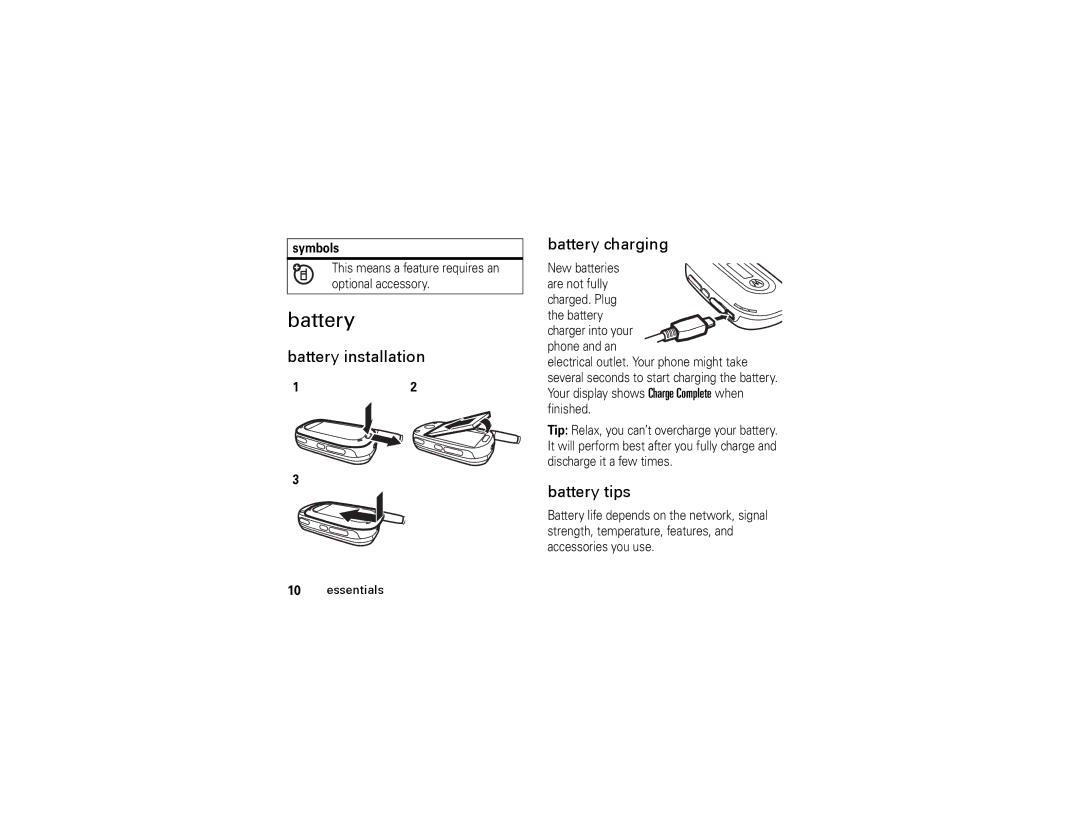 Motorola W315 manual Battery installation, Battery charging, Battery tips 