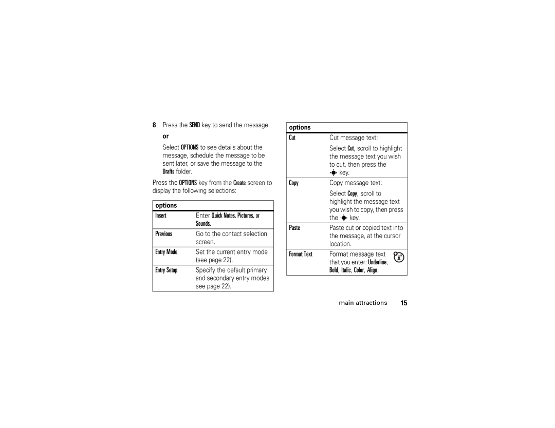 Motorola W315 Insert, Sounds, Previous, Entry Mode, Entry Setup, Cut, Copy, Paste, Format Text, Bold, Italic, Color, Align 