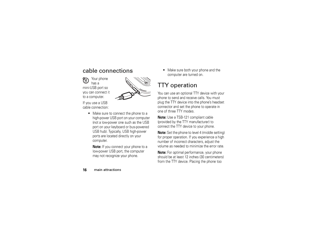 Motorola W315 manual Cable connections, TTY operation 