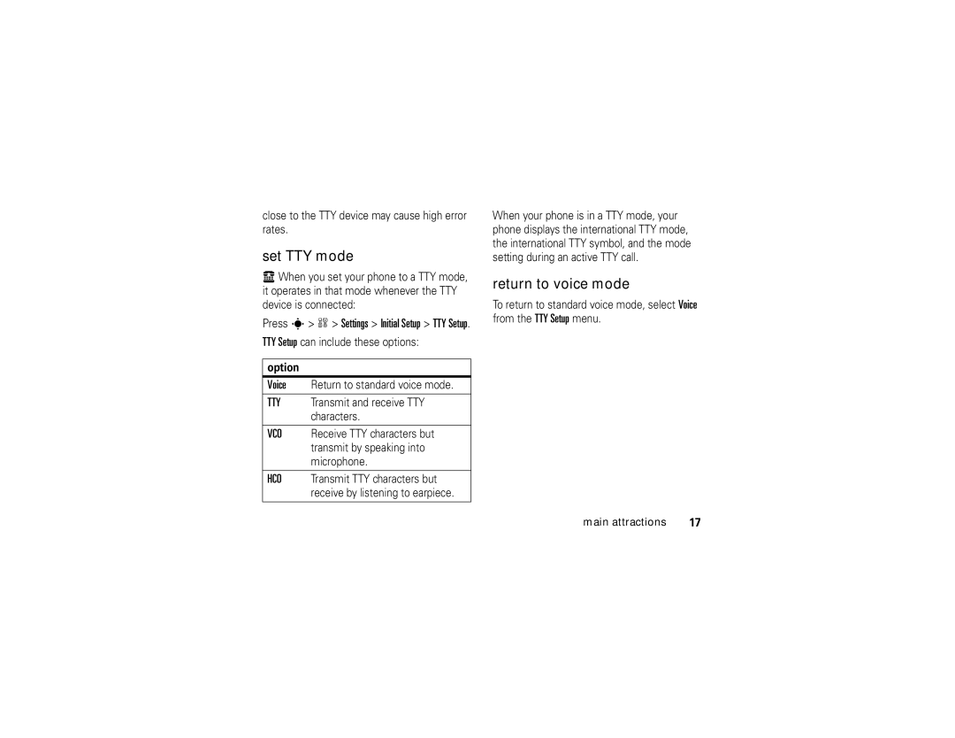 Motorola W315 manual Set TTY mode, Return to voice mode, Option 