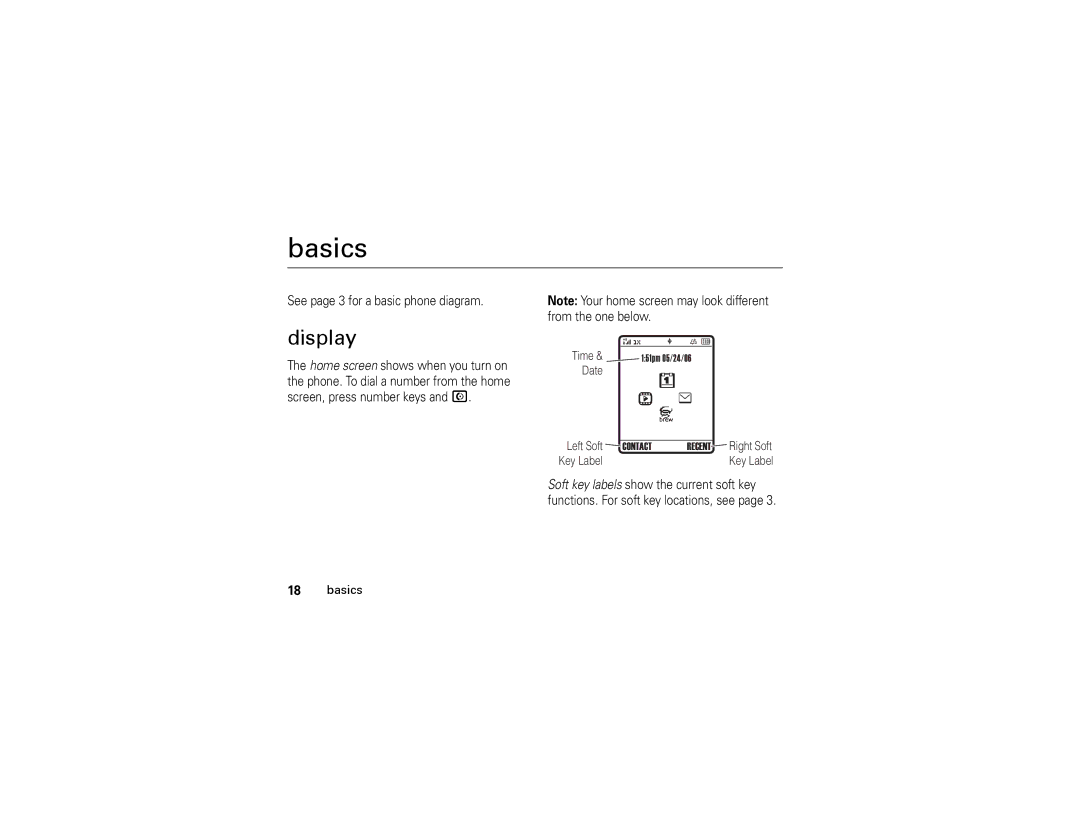 Motorola W315 manual Basics, Display 