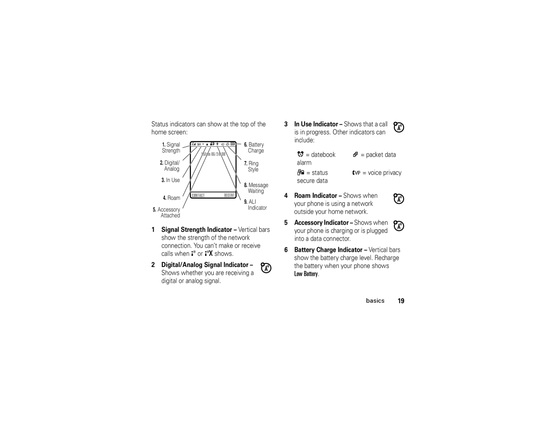 Motorola W315 manual Status indicators can show at the top of the home screen 