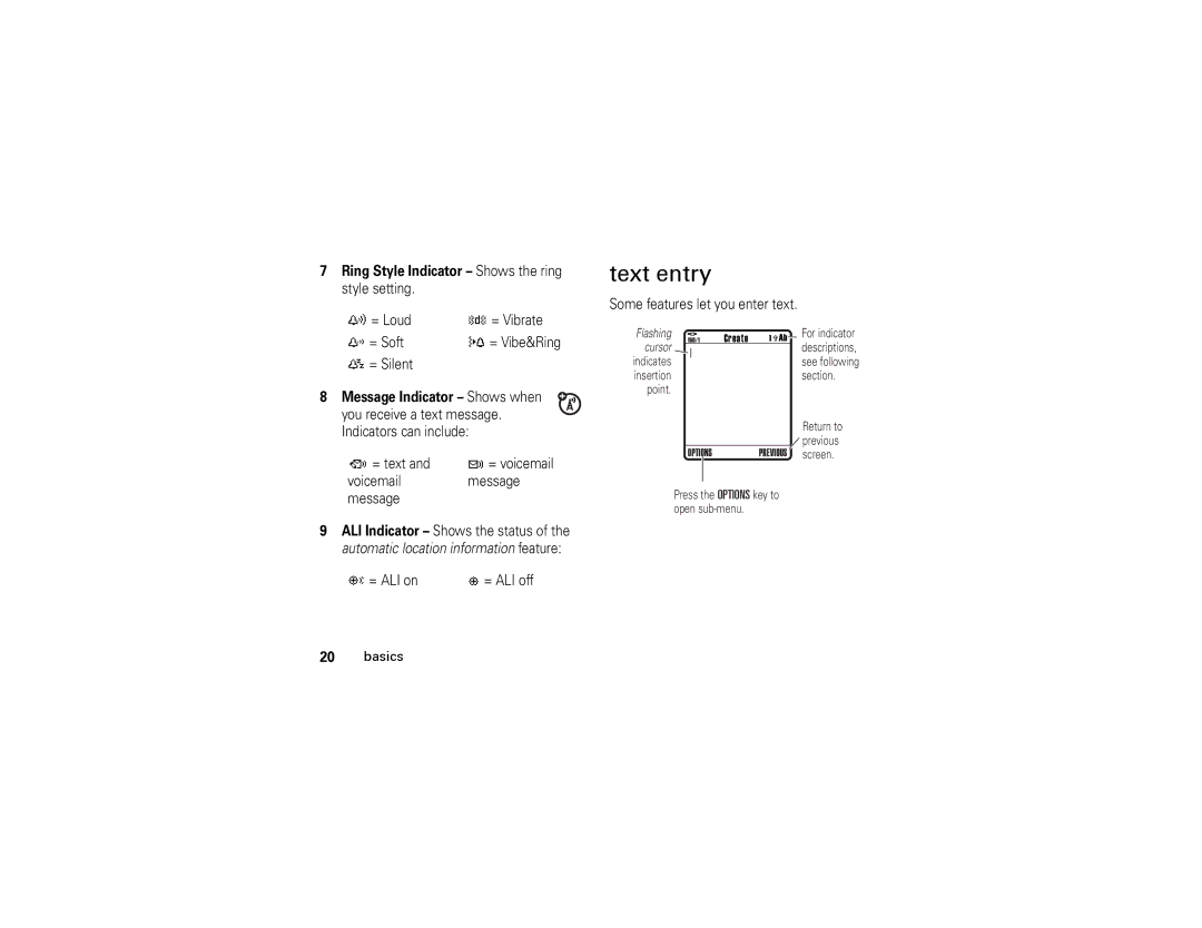 Motorola W315 manual Text entry, Ring Style Indicator Shows the ring style setting, Message Indicator Shows when 