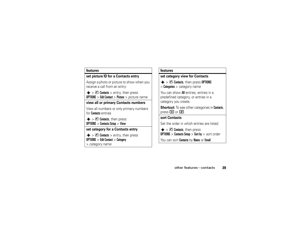 Motorola W315 manual Options Contacts Setup View, Contacts, then press Options 