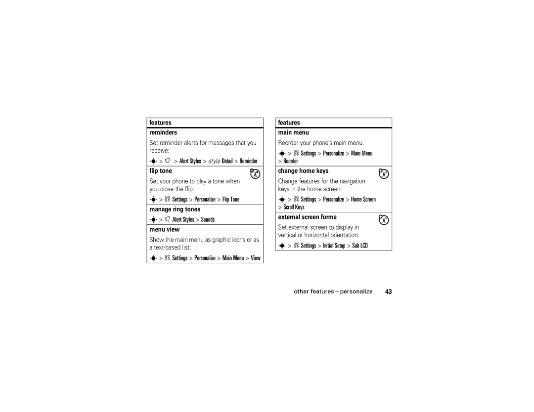 Motorola W315 manual Alert Styles style Detail Reminder, Settings Personalize Flip Tone, Alert Styles Sounds 