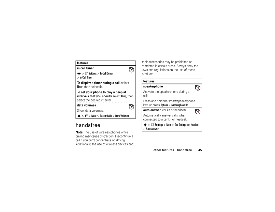 Motorola W315 manual Handsfree, Settings In-Call Setup In-Call Timer, More Recent Calls Data Volumes, Auto Answer 