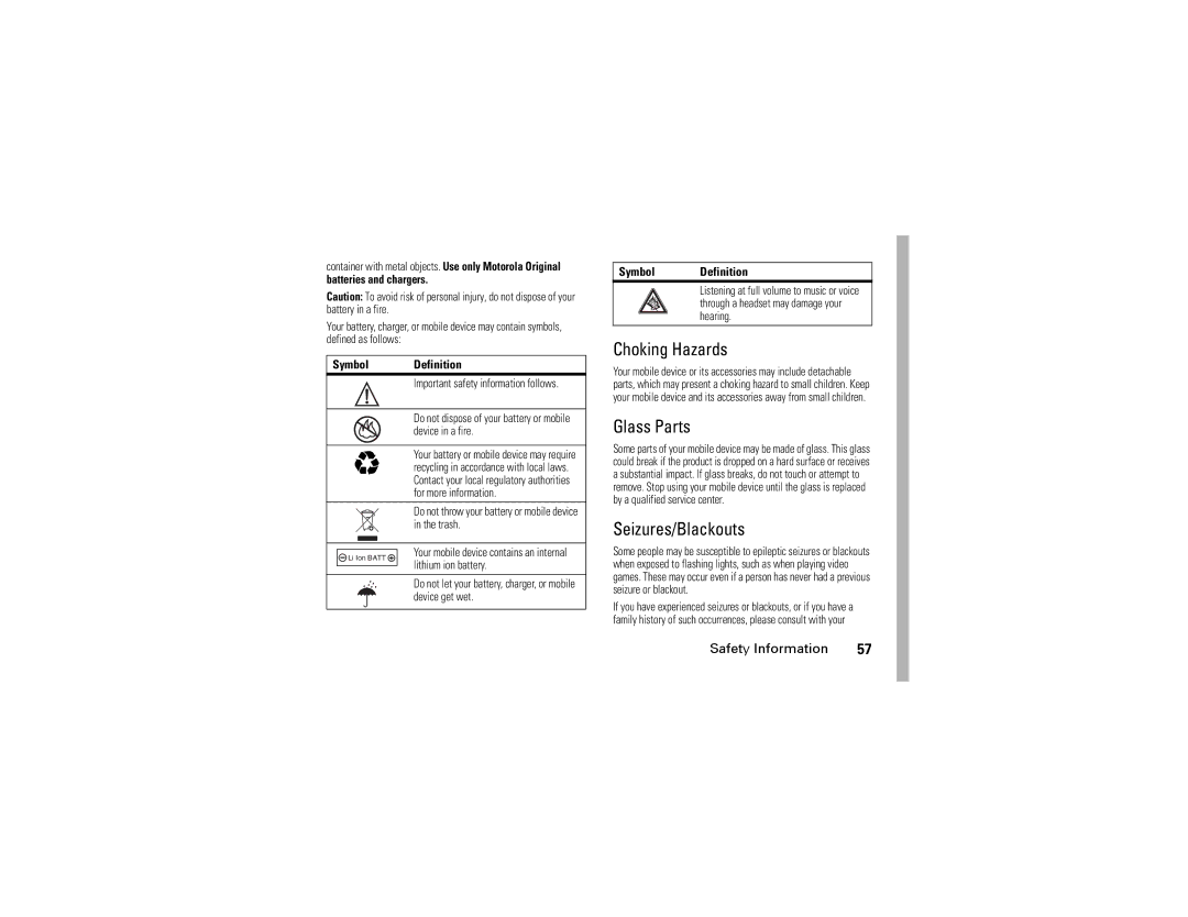 Motorola W315 manual Choking Hazards, Glass Parts, Seizures/Blackouts, Symbol Definition 