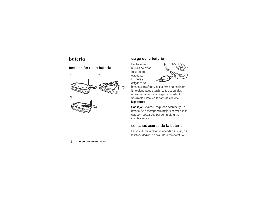 Motorola W315 manual Batería, Instalación de la batería, Carga de la batería, Consejos acerca de la batería 