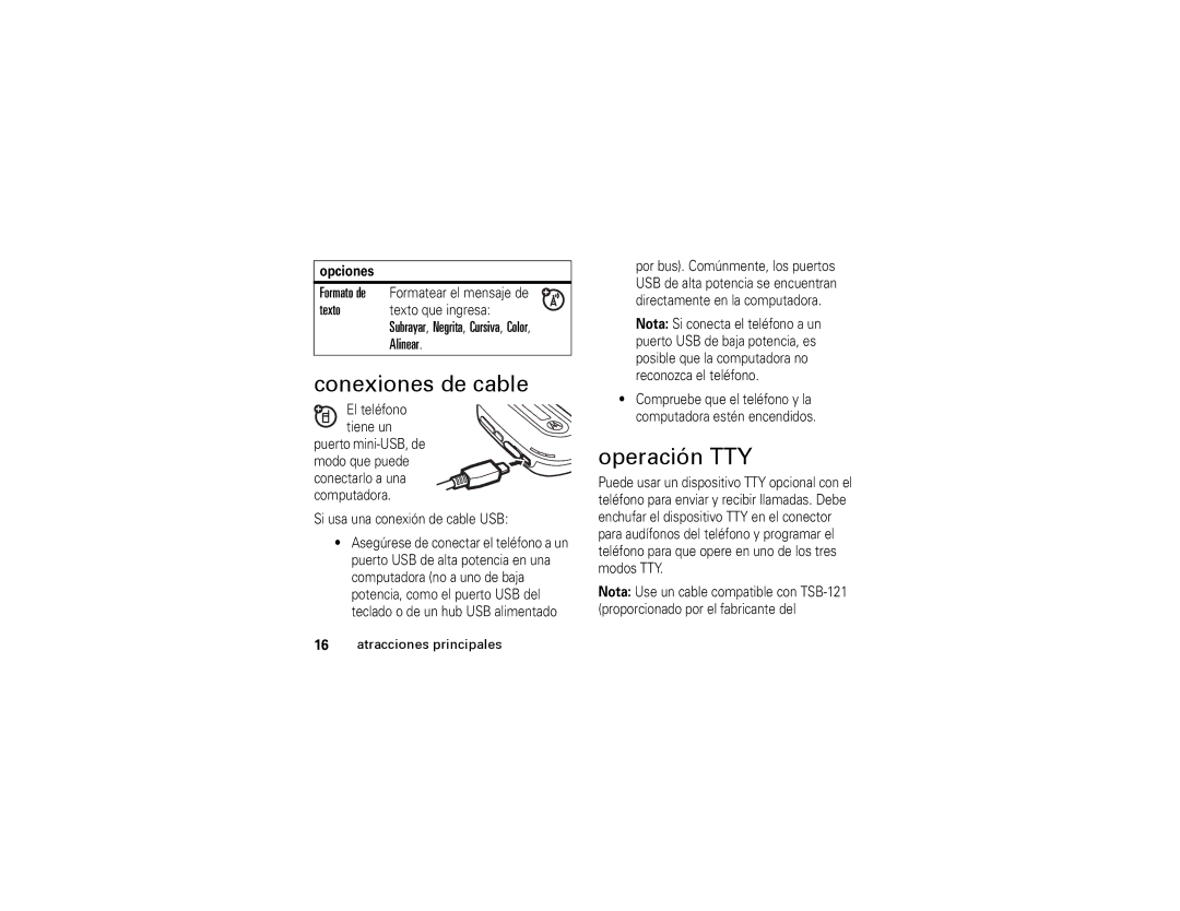 Motorola W315 manual Conexiones de cable, Operación TTY 