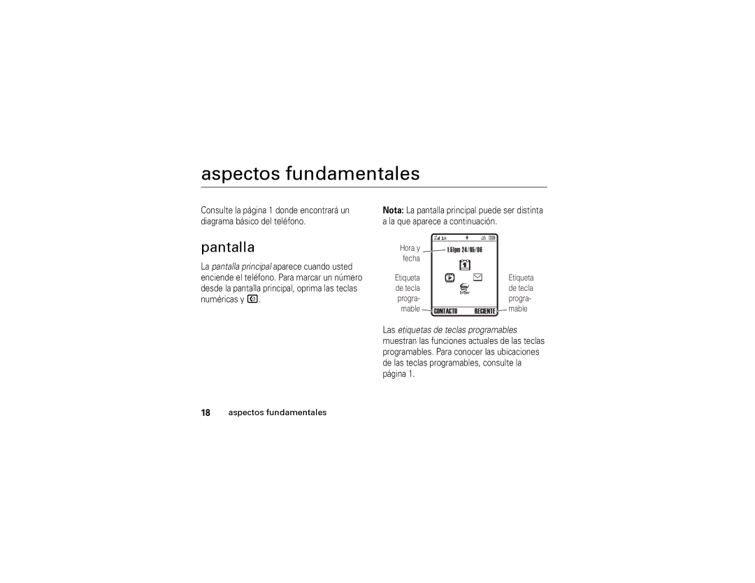 Motorola W315 manual Aspectos fundamentales, Pantalla 