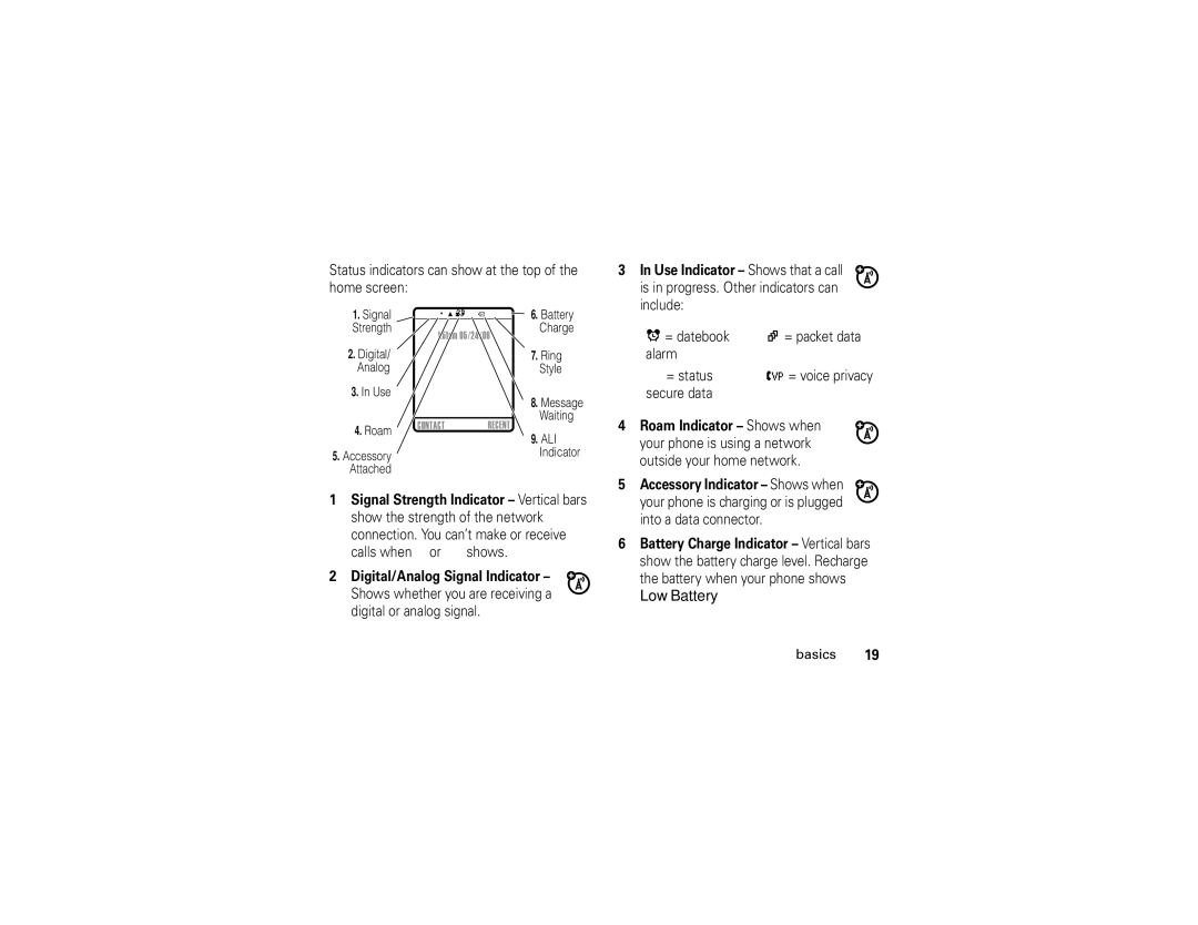 Motorola W315 manual Status indicators can show at the top of the home screen 