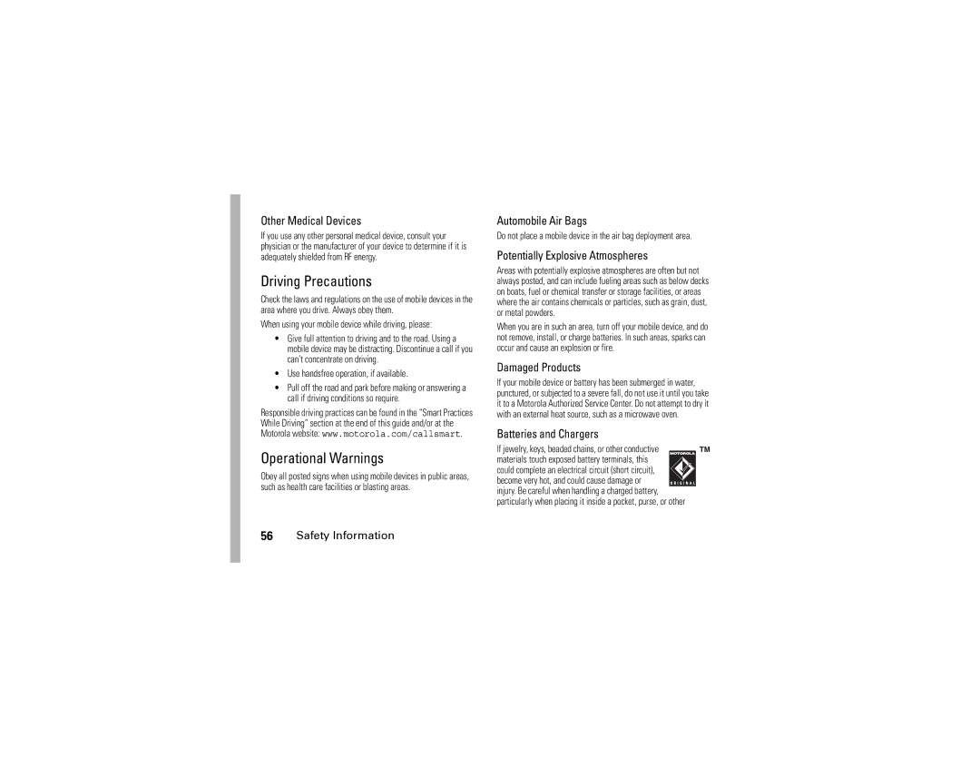 Motorola W315 manual Driving Precautions, Operational Warnings 