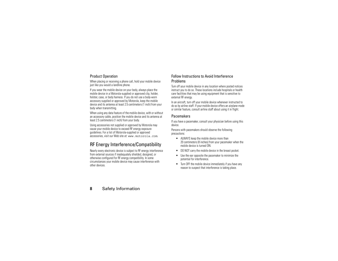 Motorola W355 manual RF Energy Interference/Compatibility, Safety Information, Product Operation, Pacemakers 