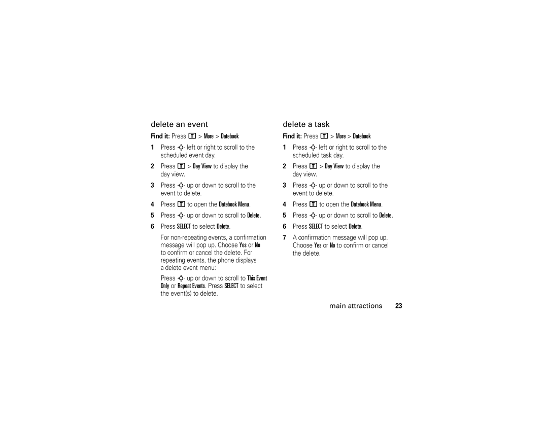 Motorola W355 manual Delete an event, Delete a task, Delete event menu 