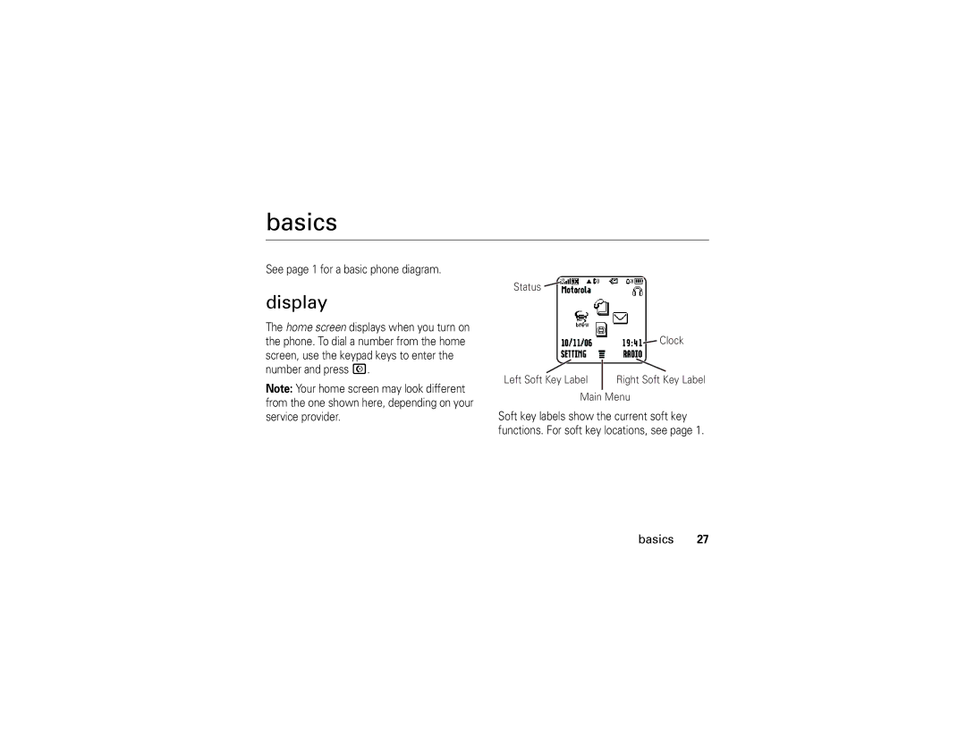 Motorola W355 manual Basics, Display, See page 1 for a basic phone diagram 