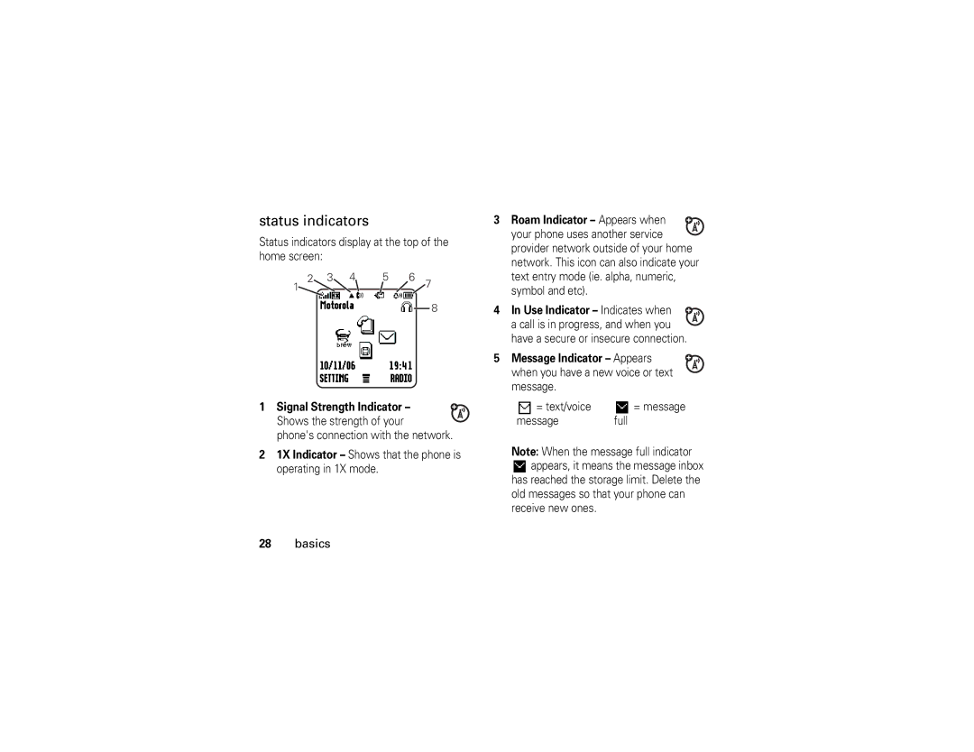 Motorola W355 manual Status indicators display at the top of the home screen, Signal Strength Indicator, = text/voice 