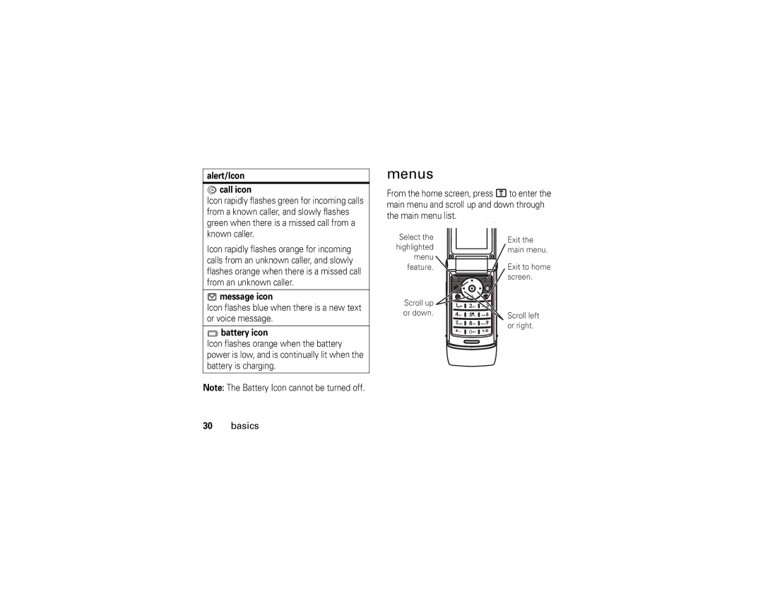 Motorola W355 manual Menus, Alert/Icon Call icon, Message icon, Icon flashes blue when there is a new text or voice message 