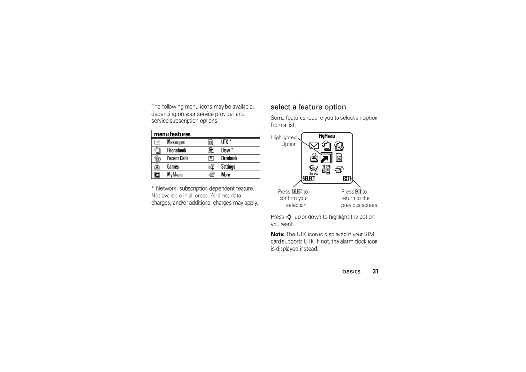 Motorola W355 Select a feature option, Messages, Menu features, Some features require you to select an option from a list 