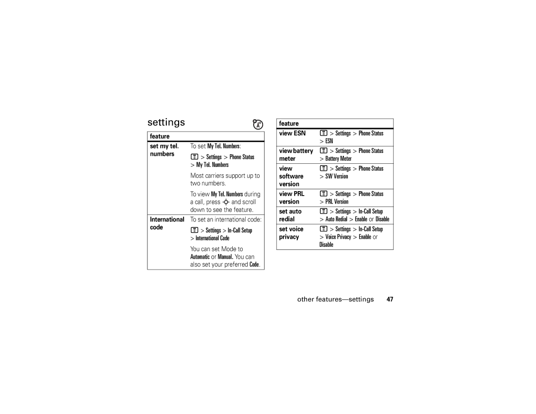 Motorola W355 manual Settings, To set My Tel. Numbers, International Code, Other features-settings 