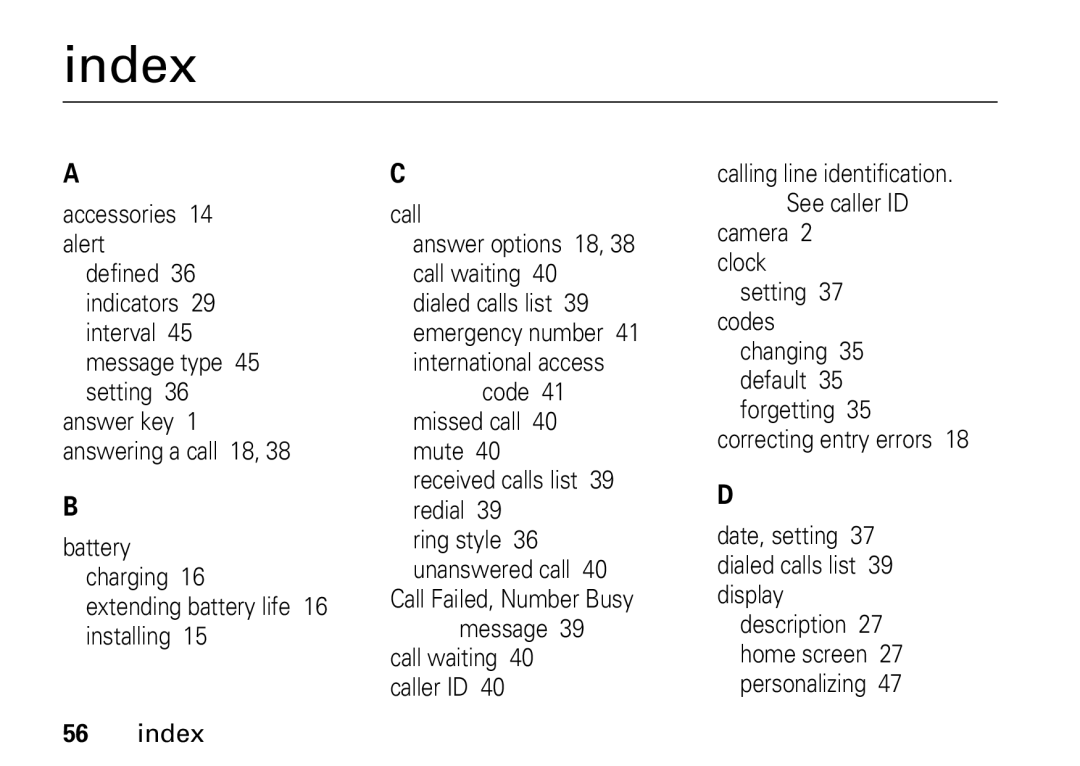Motorola W355 manual Index, Call waiting 40 caller ID 