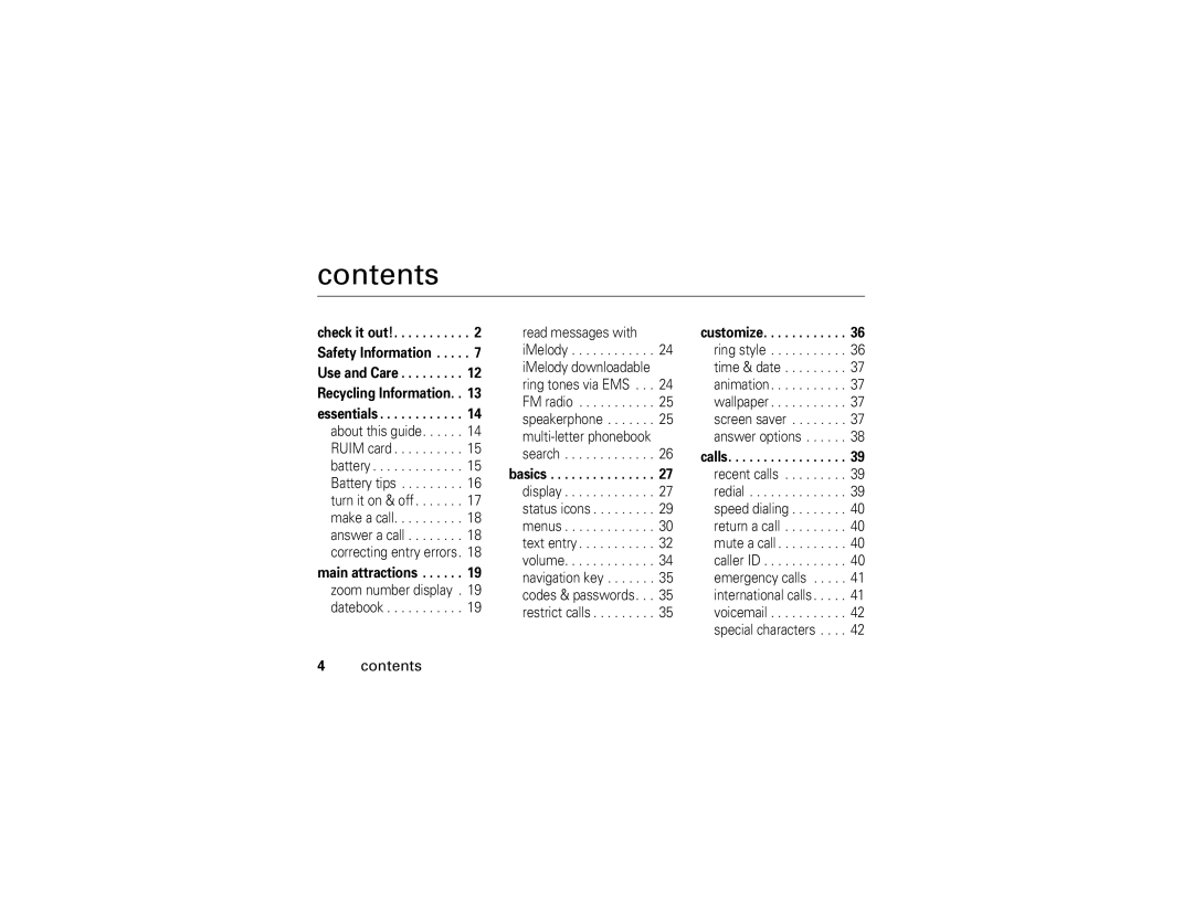 Motorola W355 manual Contents 