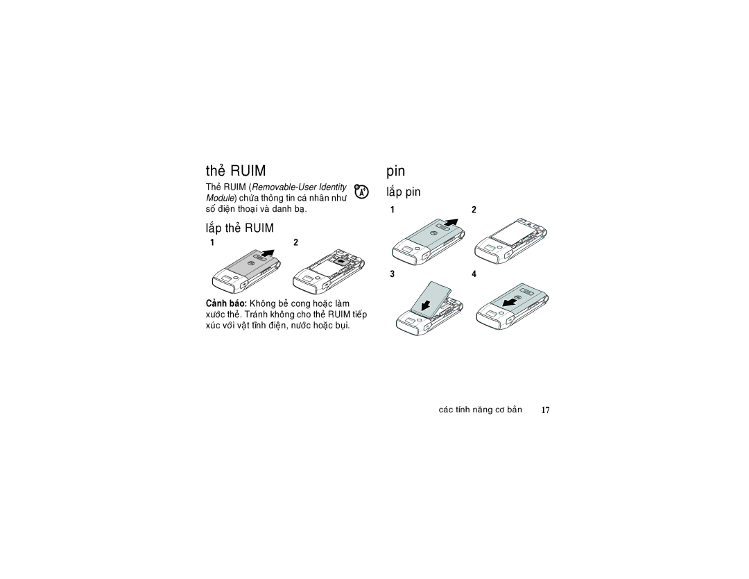 Motorola W355 manual Theû Ruim, Pin, Laép theû Ruim, Laép pin 