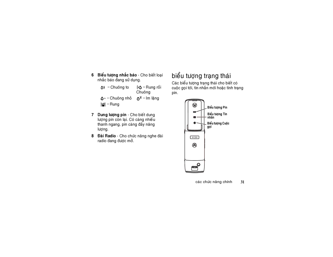 Motorola W355 manual Bieåu töôïng traïng thaùi, = Chuoâng to 