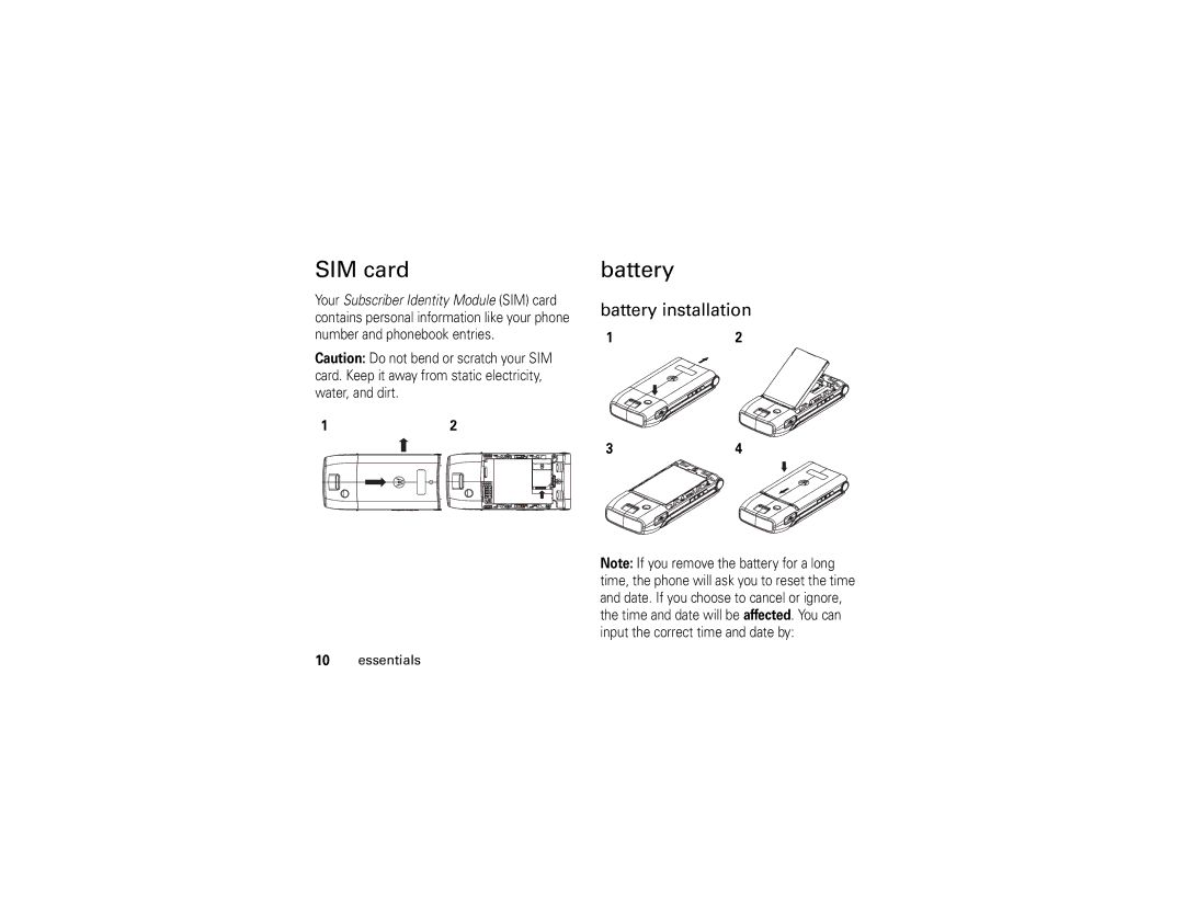 Motorola W370 manual SIM card, Battery installation 