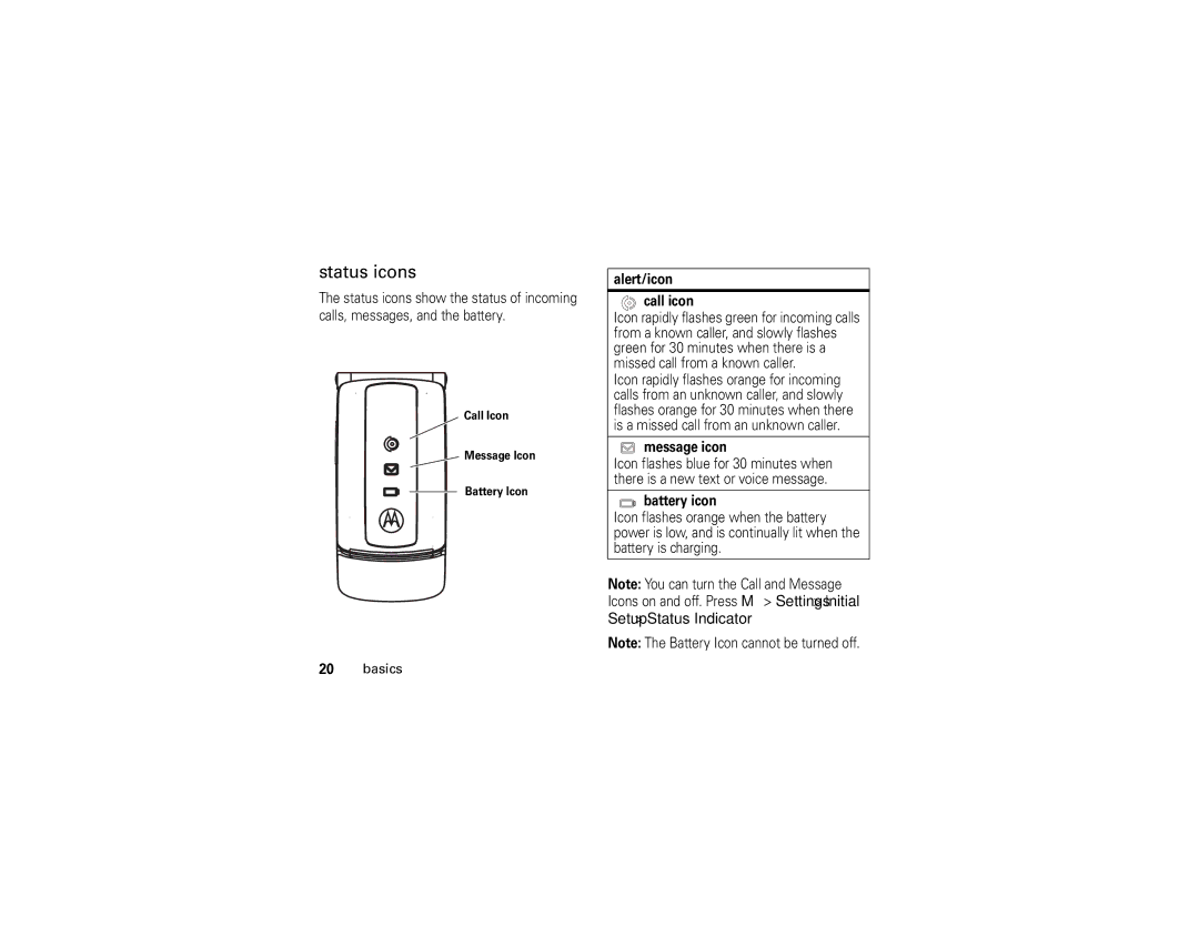 Motorola W370 manual Status icons, Setup Status Indicator, Alert/icon Call icon, Message icon, Battery icon 