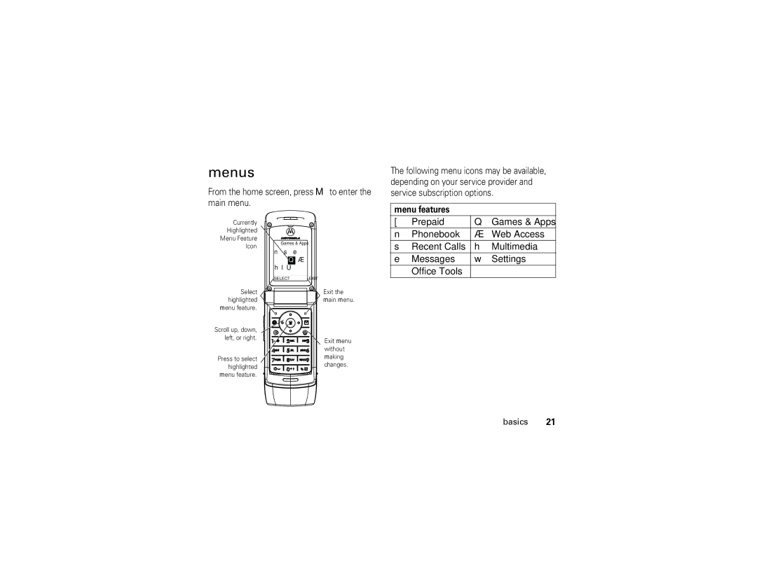 Motorola W370 manual Menus, Menu features 