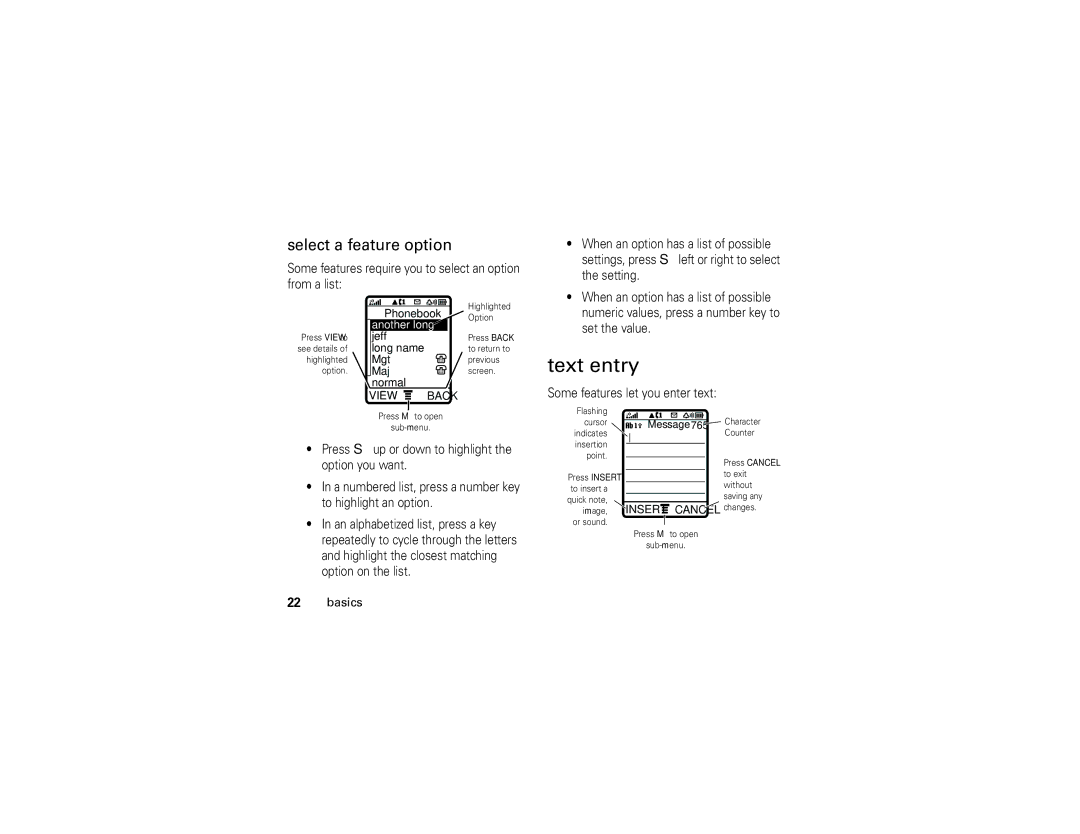 Motorola W370 manual Text entry, Select a feature option 