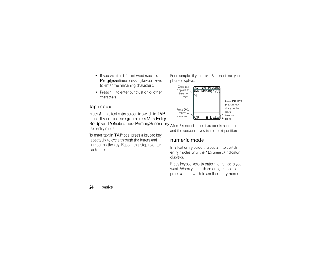 Motorola W370 manual Tap mode, Numeric mode 