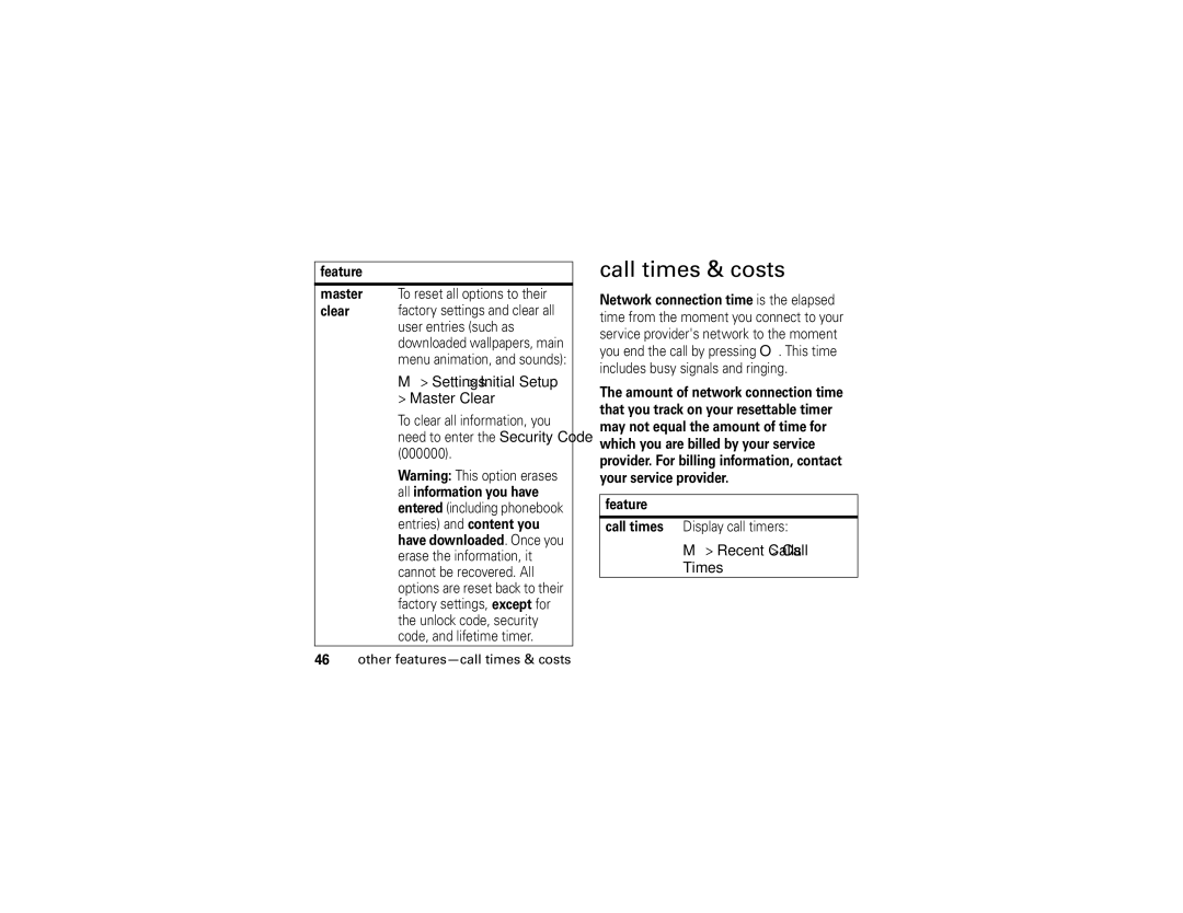 Motorola W370 manual Call times & costs, Settings Initial Setup Master Clear, Recent Calls Call Times 