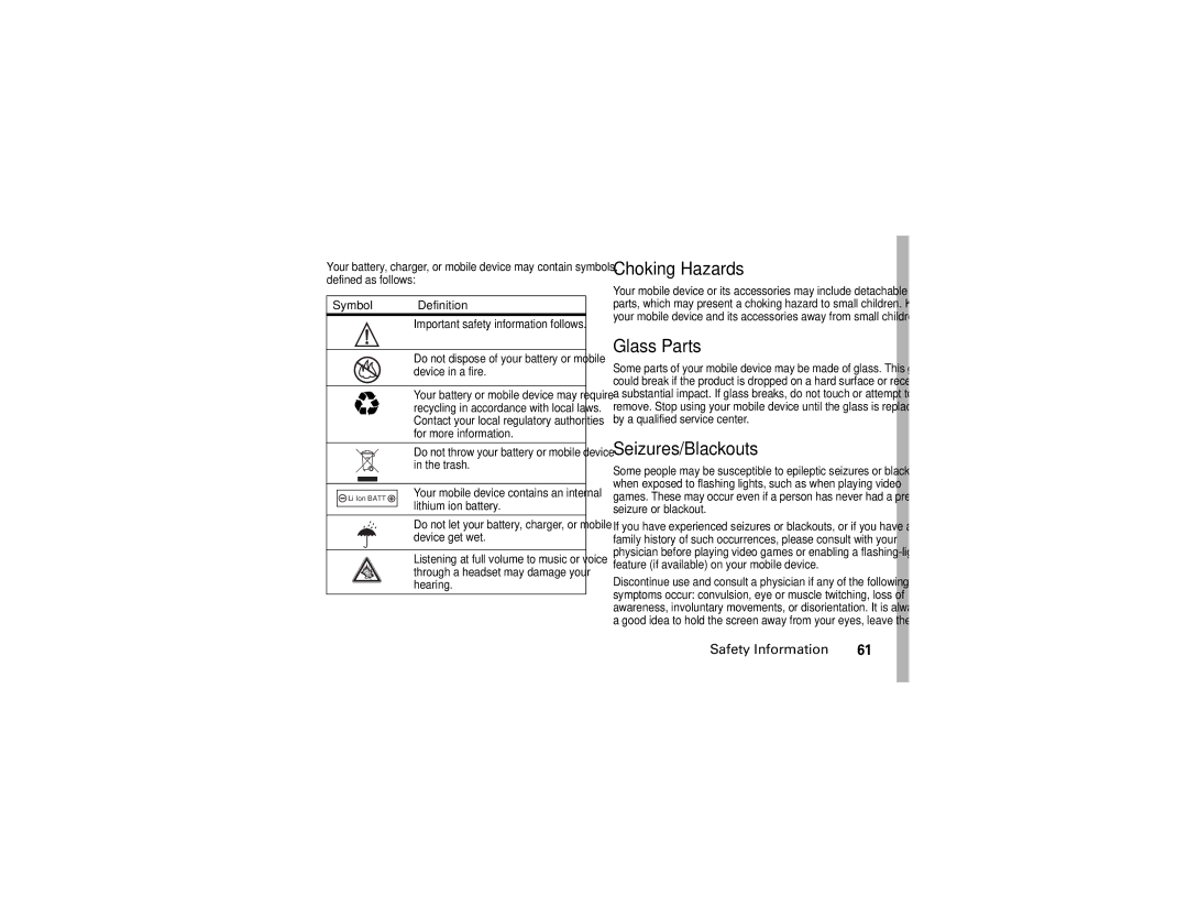 Motorola W370 manual Choking Hazards, Glass Parts, Seizures/Blackouts, Symbol Definition 