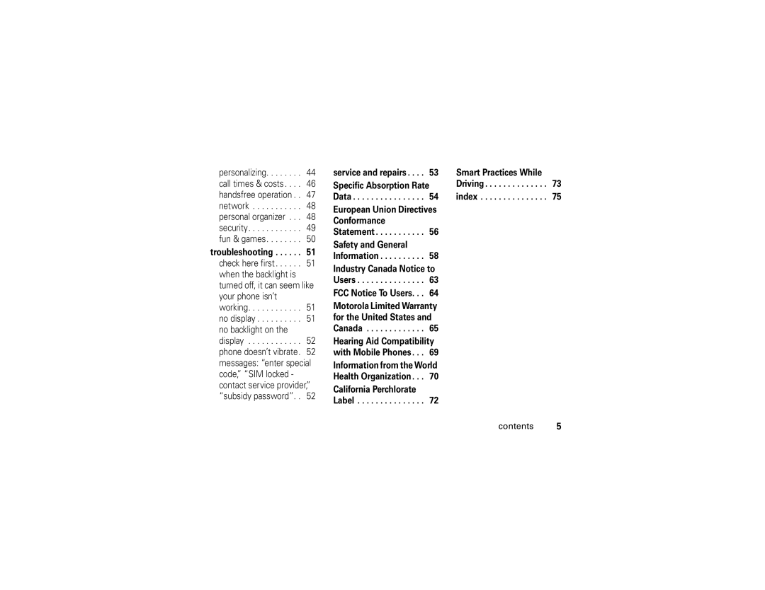 Motorola W370 manual Troubleshooting, Smart Practices While Driving index 