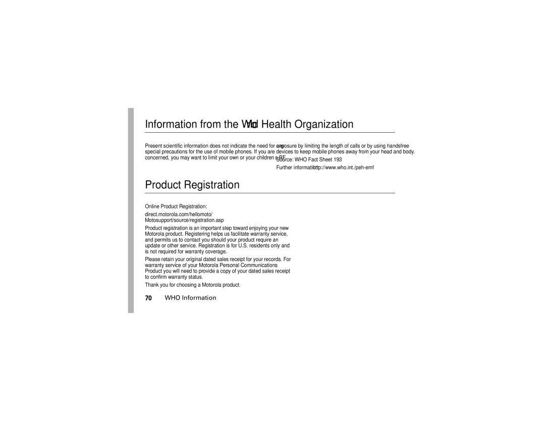 Motorola W370 manual Information from the World Health Organization, Product Registration, WHO Information 