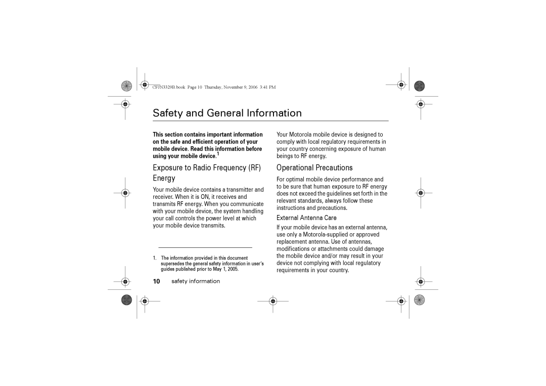 Motorola W375 manual External Antenna Care, Safety information 