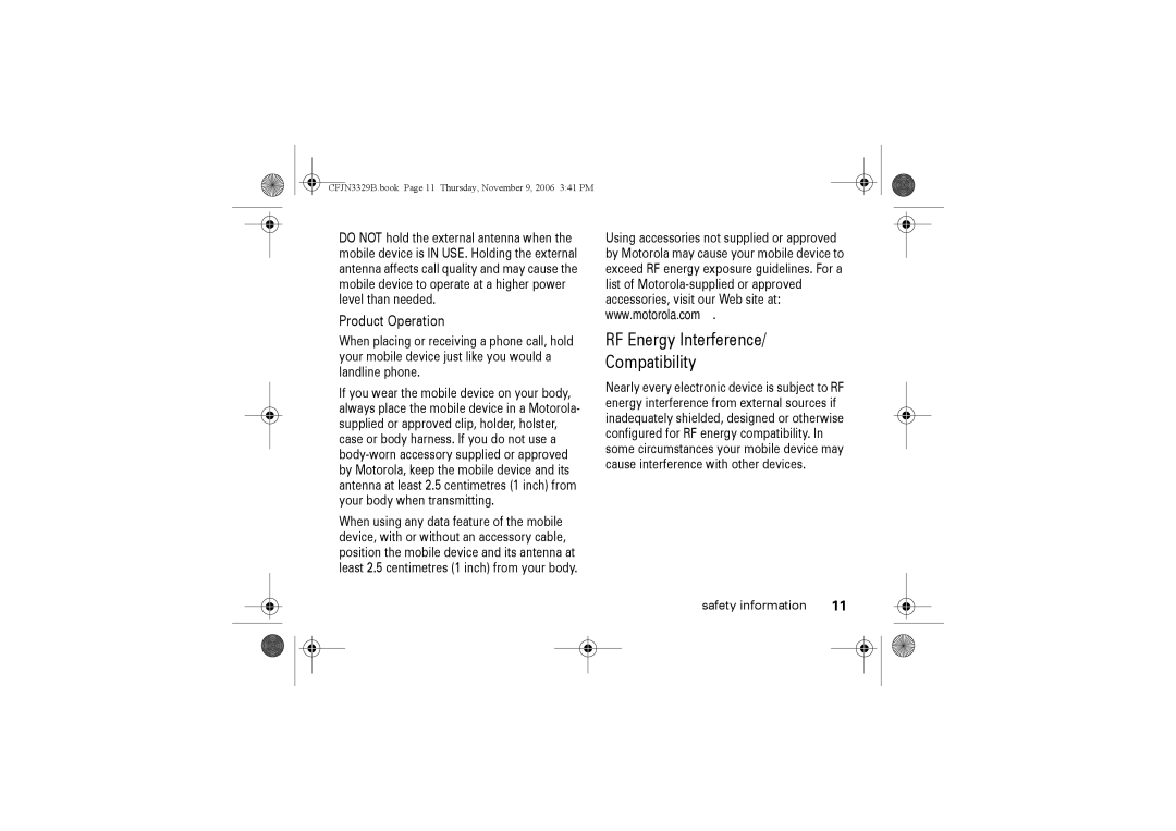 Motorola W375 manual RF Energy Interference Compatibility, Product Operation 