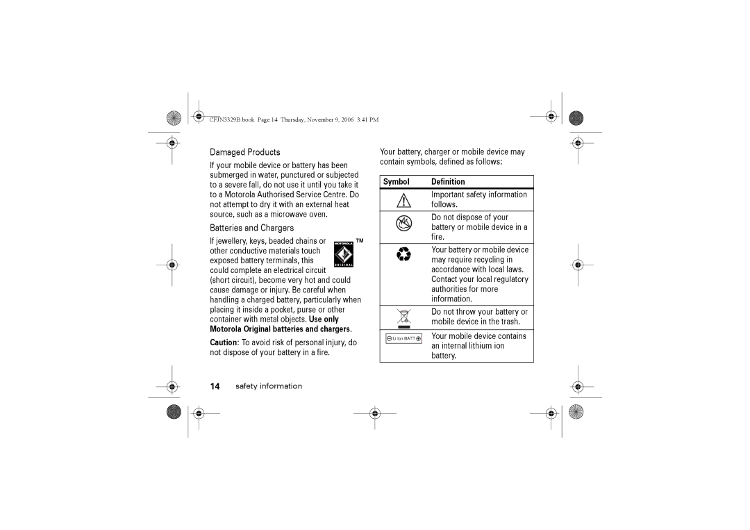 Motorola W375 manual Damaged Products, Batteries and Chargers, Motorola Original batteries and chargers, Symbol Definition 