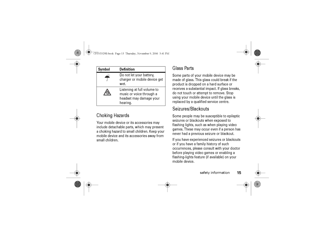 Motorola W375 manual Choking Hazards 