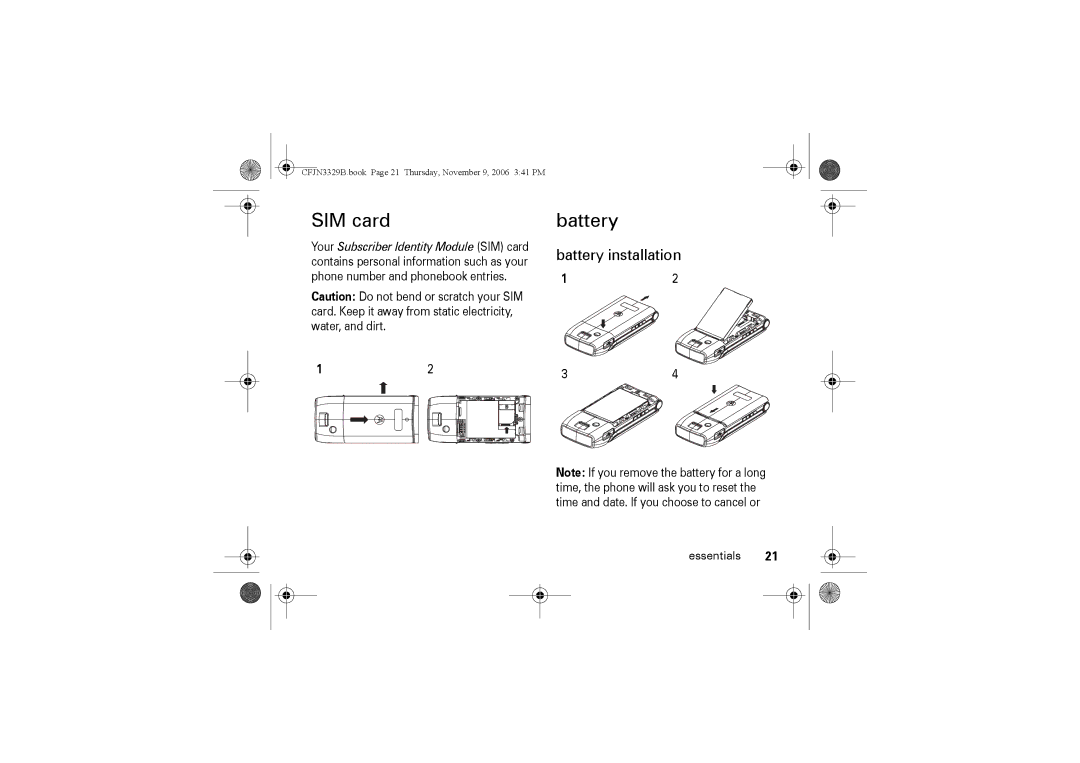 Motorola W375 manual SIM card, Battery installation 