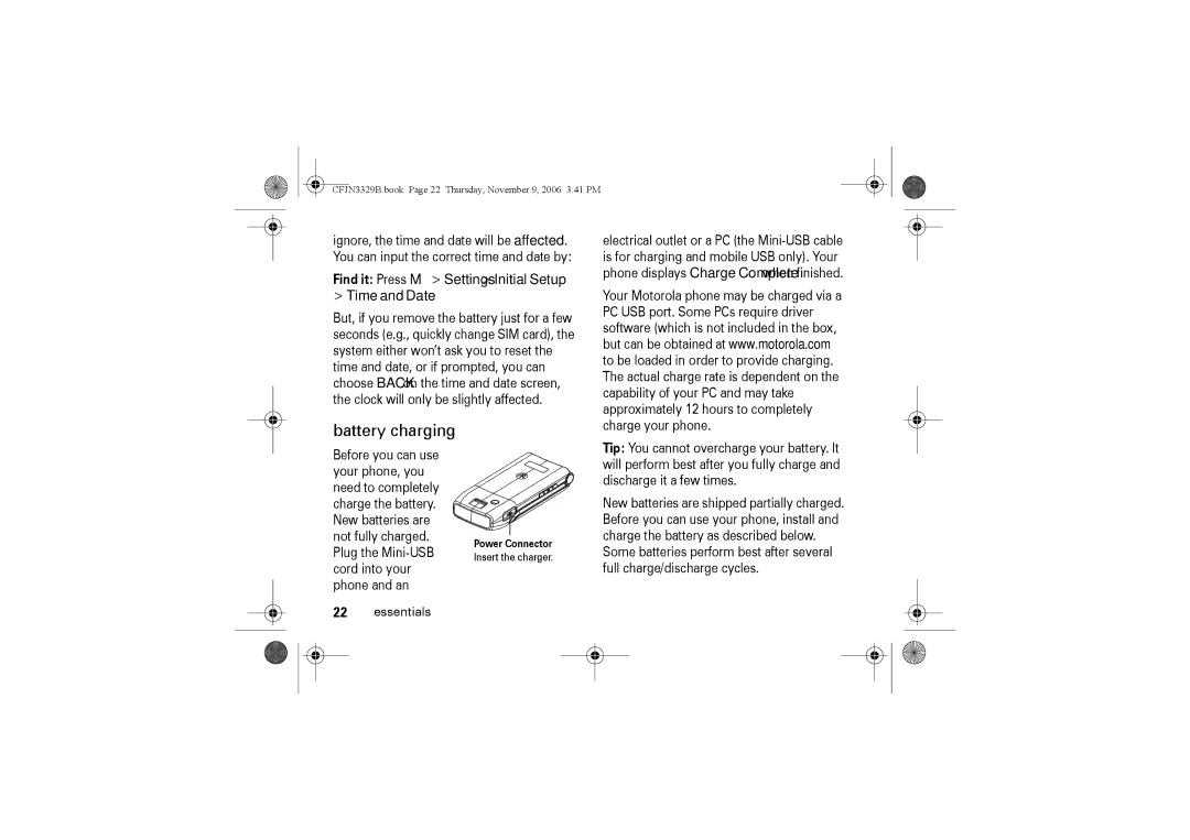 Motorola W375 manual Battery charging, Find it Press M Settings Initial Setup Time and Date 