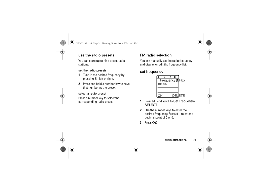 Motorola W375 manual Use the radio presets, FM radio selection, Set frequency, Frequency MHz 