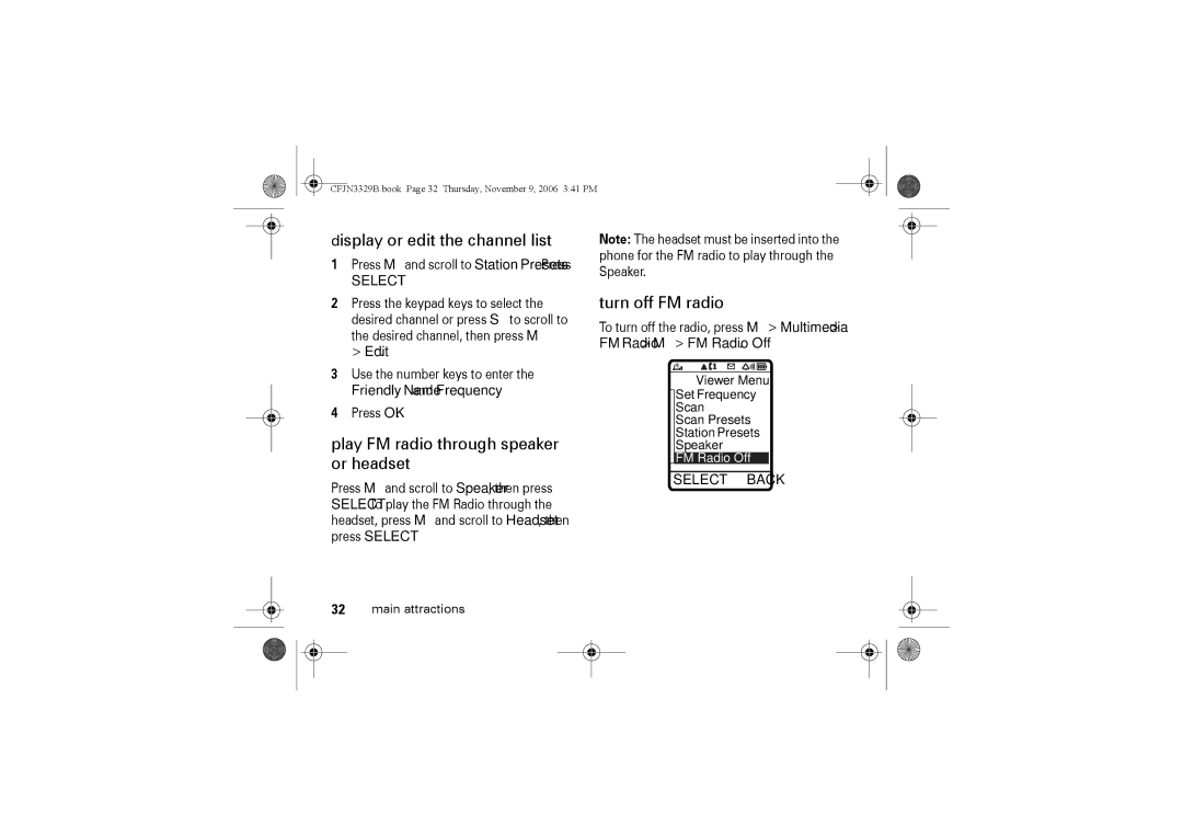 Motorola W375 manual Display or edit the channel list, Play FM radio through speaker or headset, Turn off FM radio, Edit 